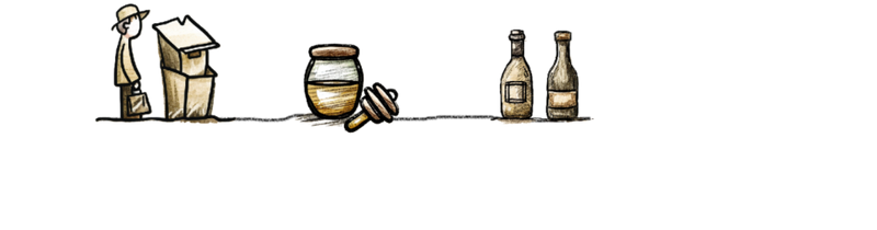 Cartoon-style illustration of a person with a book, jars, and bottles on a white background